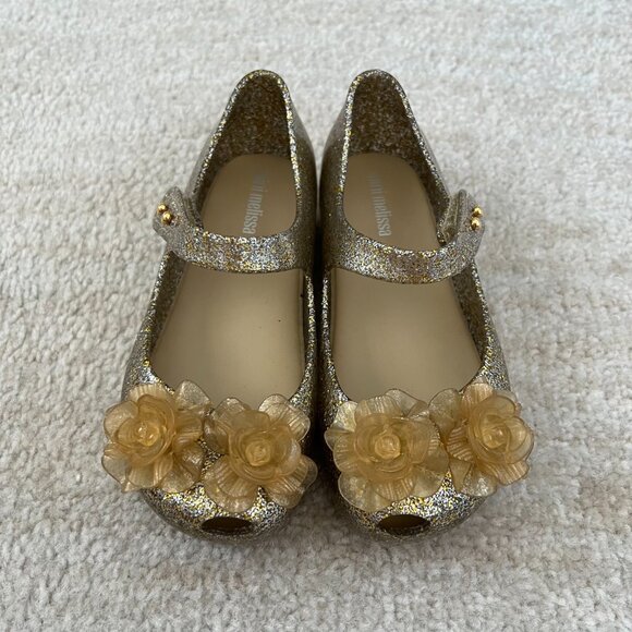 Mini Melissa Girls Ultragirl Gold Glitter Flower Sandals Toddler Shoes 10 - Picture 2 of 7